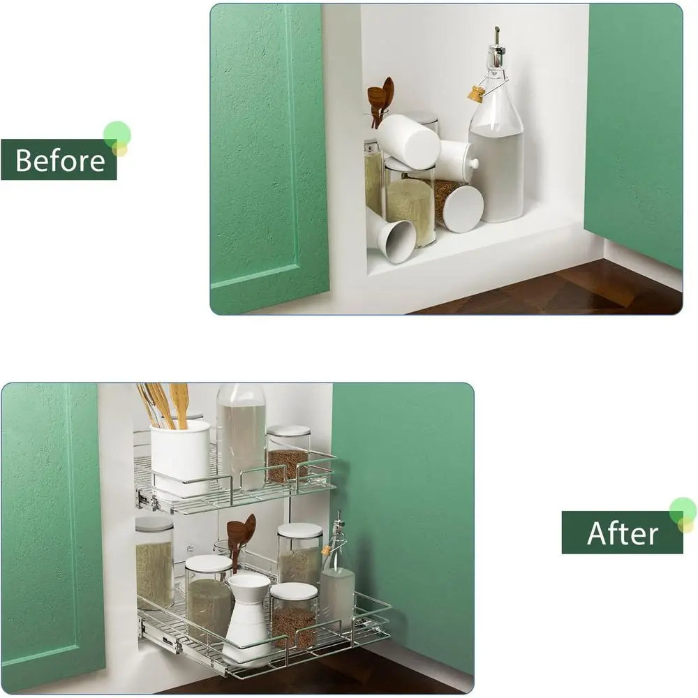 2 Tier Pull Out Cabinet Organizer 11 W x 18 D, Slide Out Kitchen Cabinet Storage Sliding Shelves