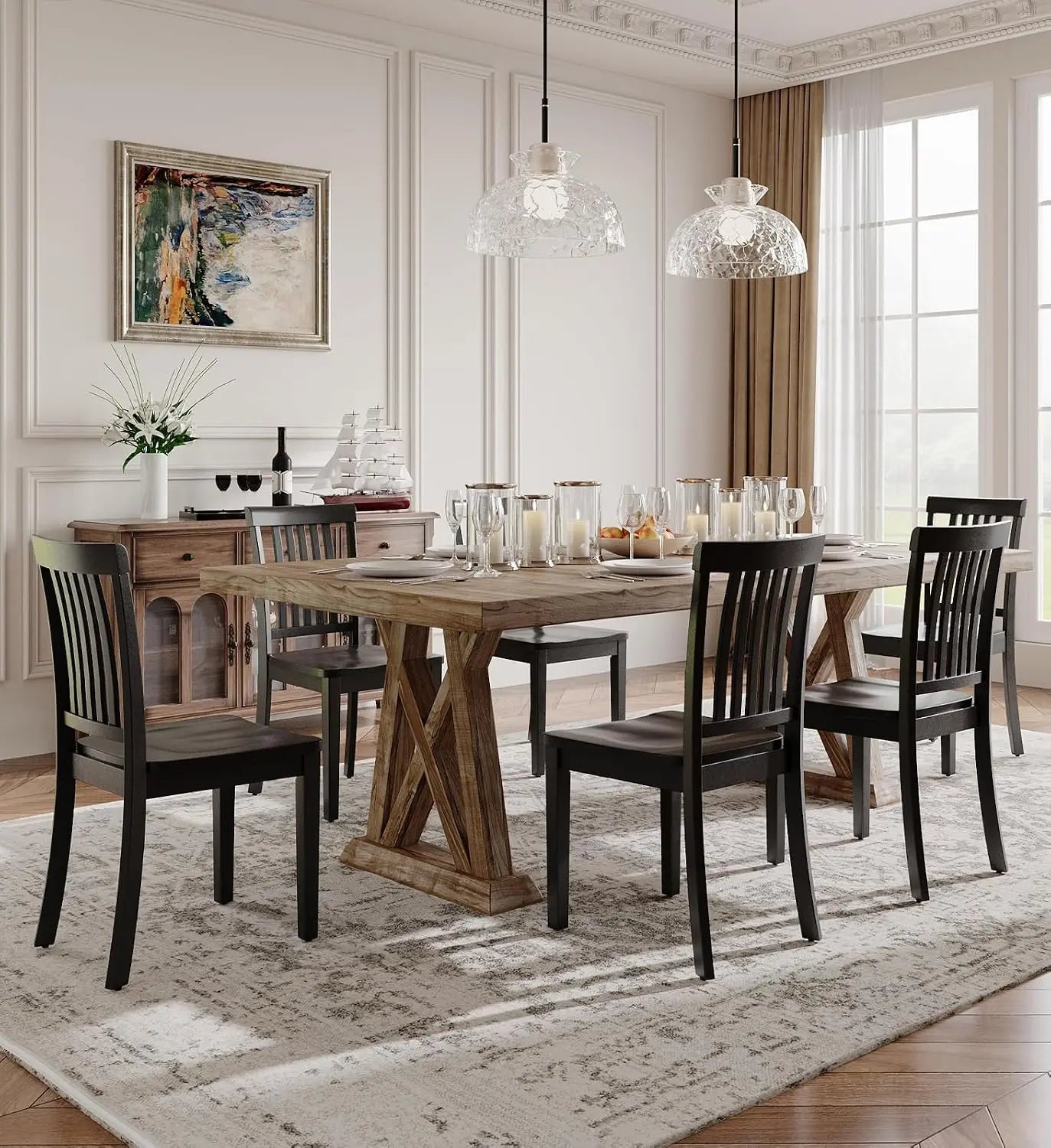 Farmhouse Solid Wood Dining Chairs Set of 6, Spindle High Backrest & 17.3in Wide Seat for Rustic Kitchen, Custom
