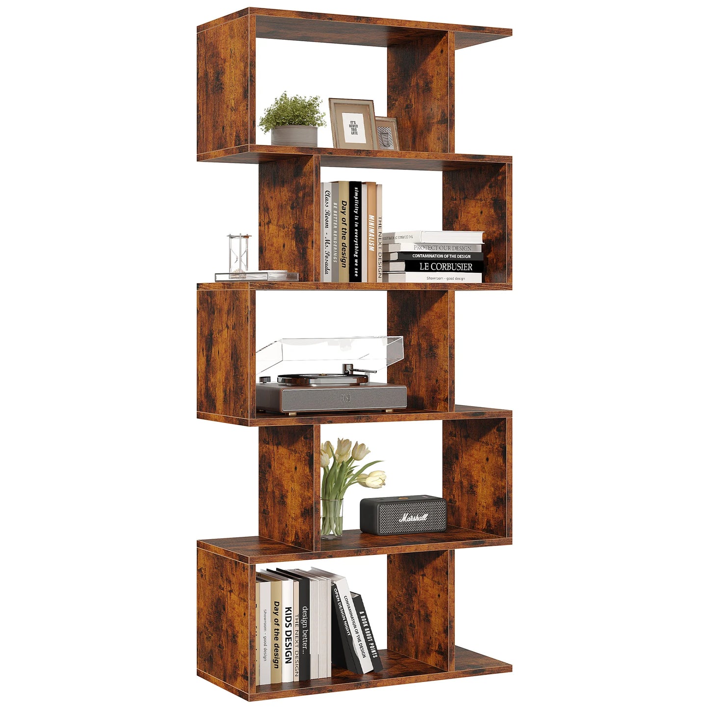JHK 62IN Geometric Bookcase 5 Tier S-Shaped Wooden Display Bookshelf Storage Standing Shelf Stable Frame Graduated Shelves