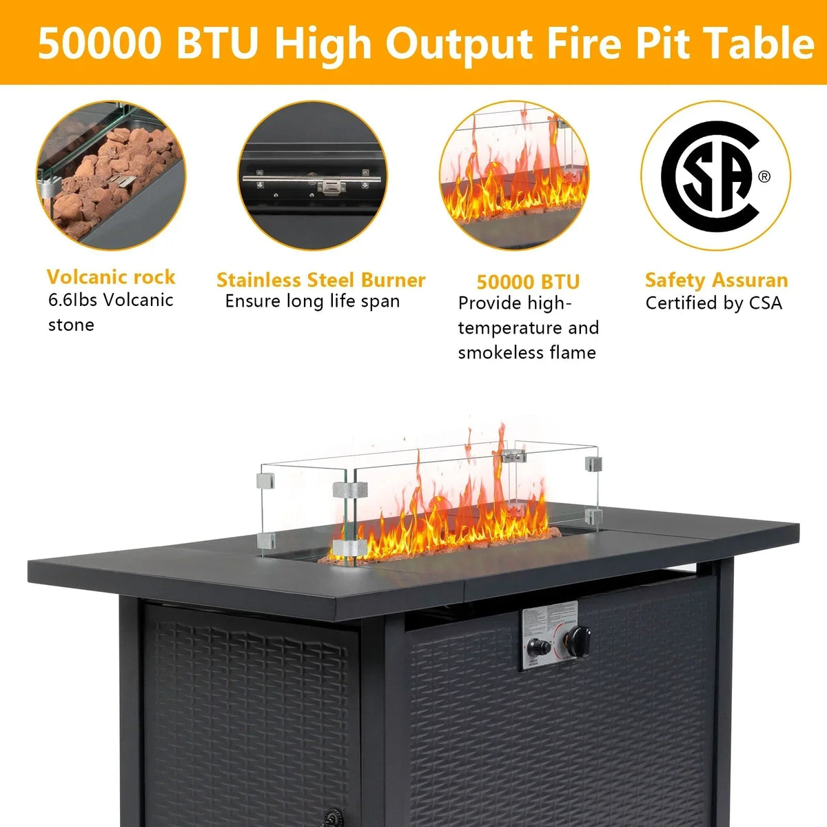 43-inch Gas Firepit with Volcanic Stone Black 50000 BTU Outdoor Heating Fire Table for Garden Supplies The Pet & Home Store