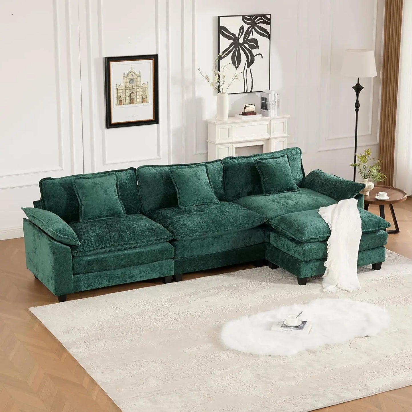 111.5" Blue Modular Sectional Sofa Chenille Deep Seat L-Shape Oversized Living Room Set With Ottoman, Customized