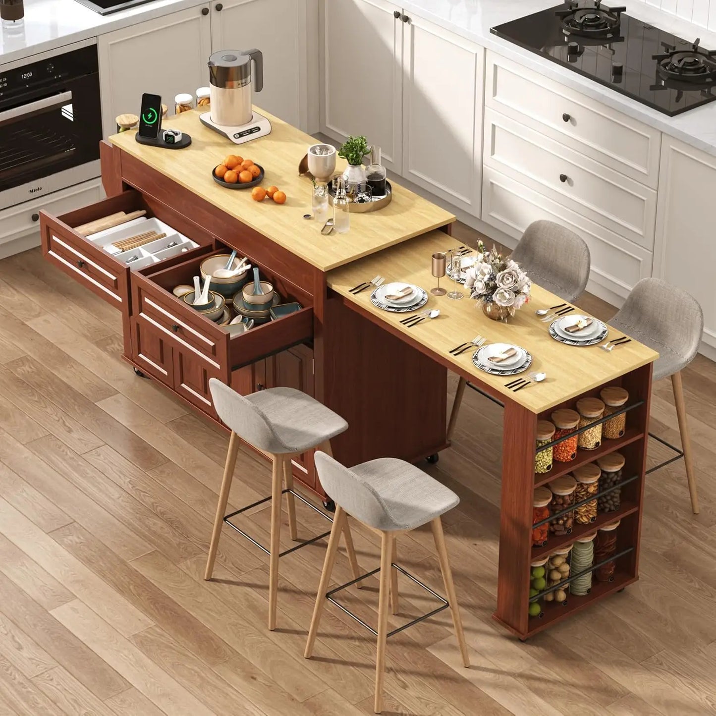 Extendable Kitchen Island With Power Outlet And Storage