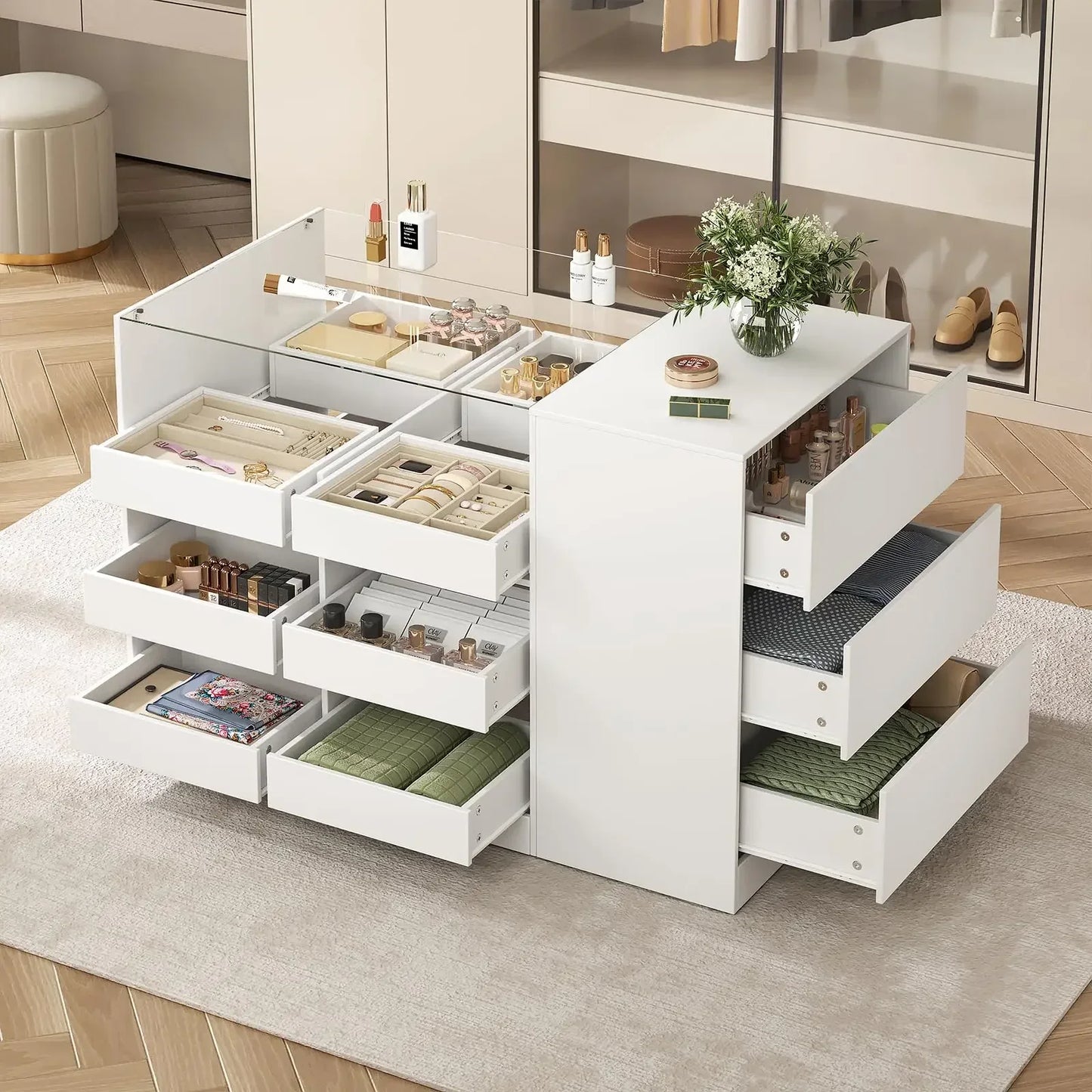 LIVAUVEAD Closet Island Drawers Glass Display Shelf