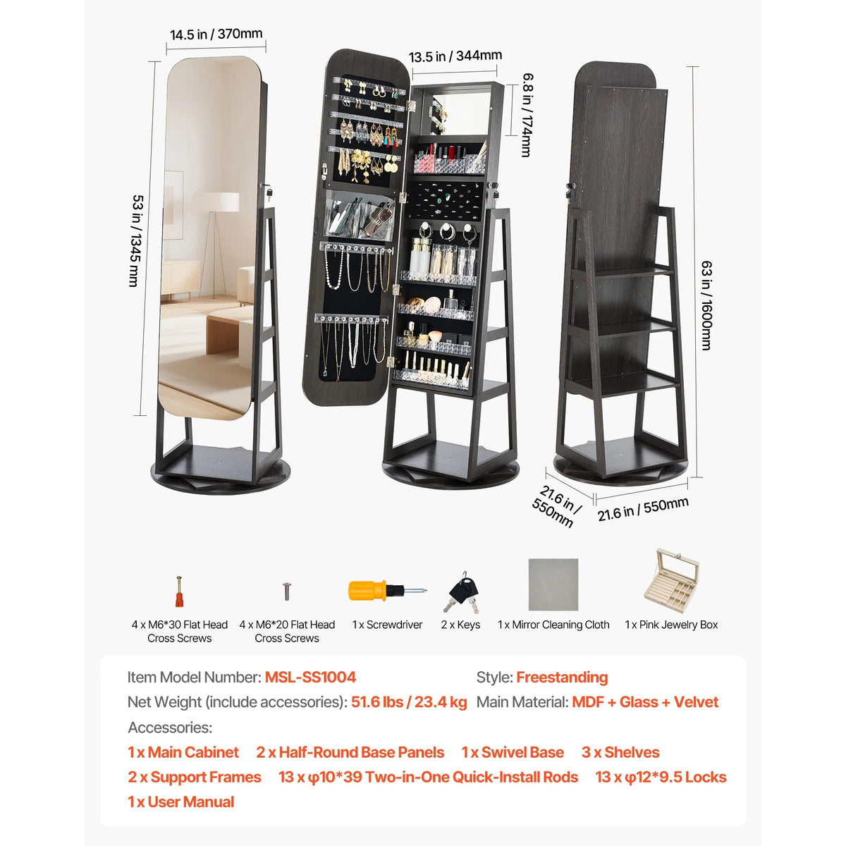 SucceBuy 360° Swivel Jewelry Cabinet With Lockable Mirror The Pet & Home Store