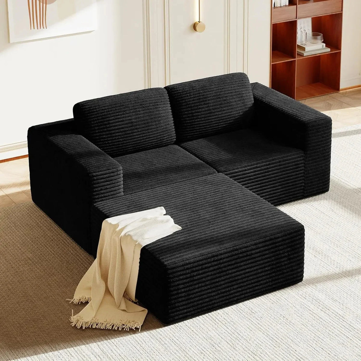 97" L-Shape Modular Sofa, 3-Seat Corduroy Couch with Movable Ottoman, Sectional Sofa for Living Room, Green, Customized The Pet & Home Store