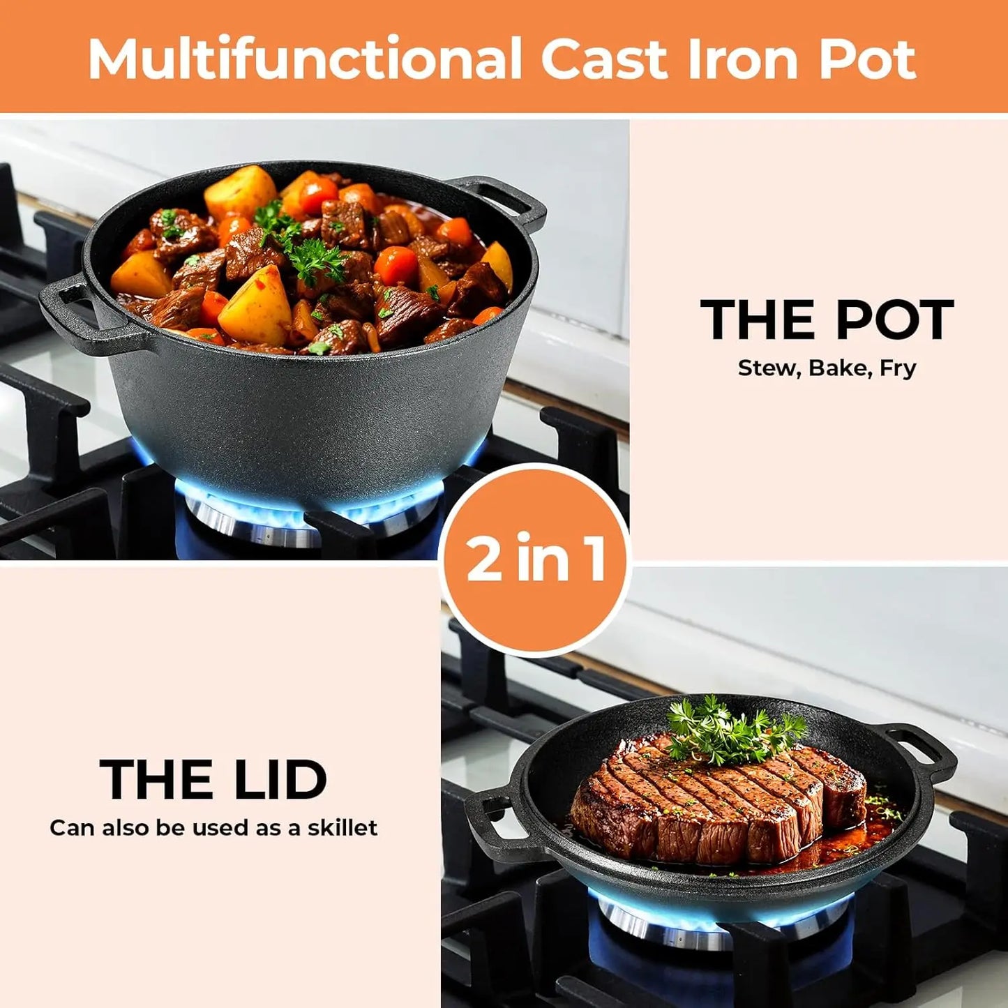 Pre-Seasoned Cast Iron Double Dutch Oven With Loop Handles, Pot + Lid - Cast Iron Dutch Oven with Lid BBQ,7/9 Quart