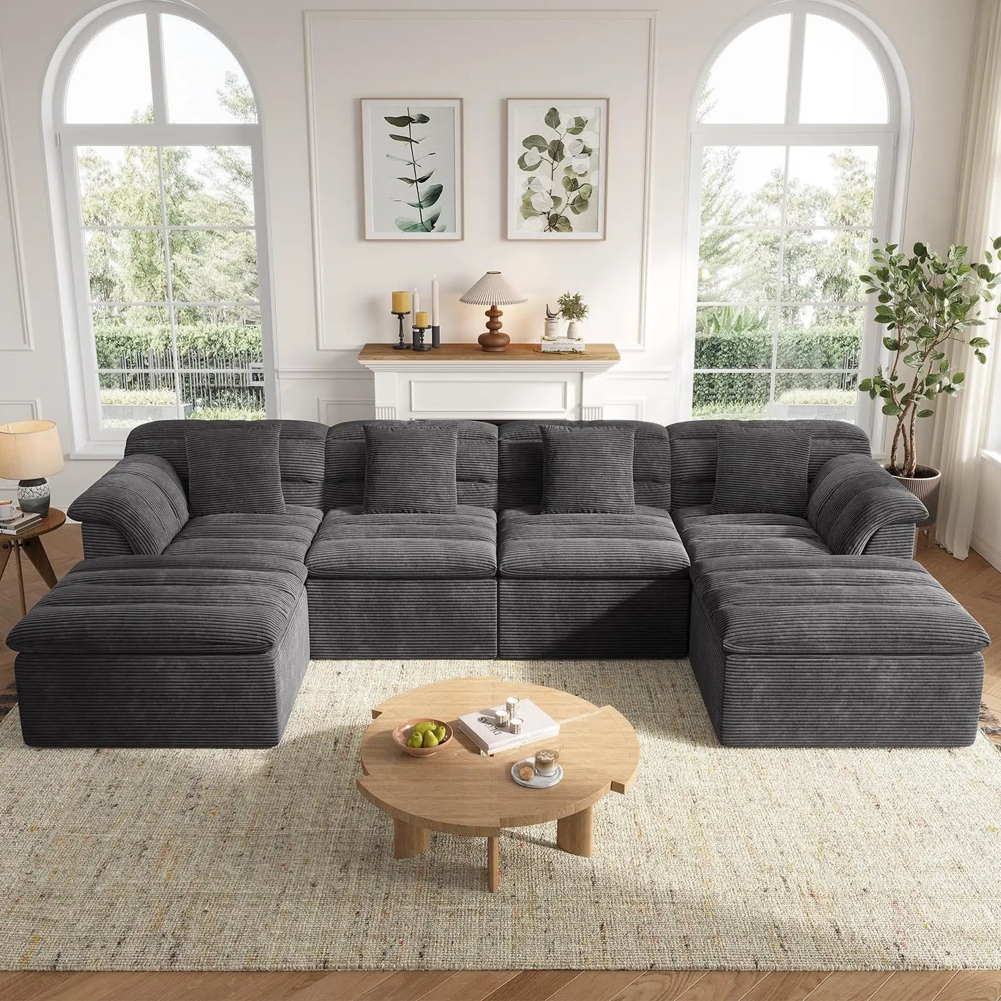 142" Modular Cloud Sectional Couch with Ottoman Modern Upholstered Compressed Sofa Deep Seat, Comfy U-Shape Corduroy Couches