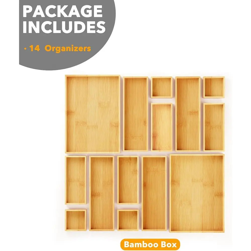 14-Piece Bamboo Drawer Organizer Storage Boxes Set, Multi-Use Divider Bins for Kitchen, Bathroom, Office Desk, Makeup Organizati