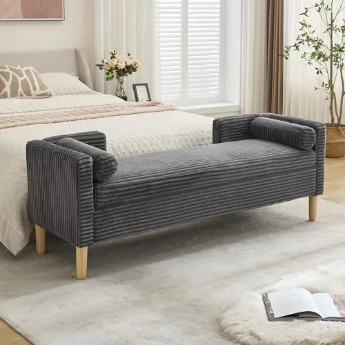 # Bed Storage Bench Upholstered Long Corduroy Window Bench Seat With Arms & Pillows For Bedroom