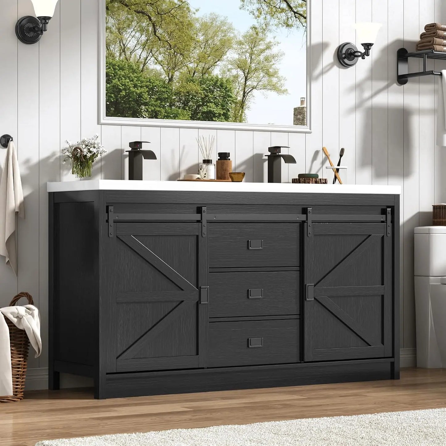 Double Bathroom Vanity with Sink & Faucet & Sewer Pipes,59" Farmhouse Bathroom Vanity Cabinet Set with 3 Storage, Custom
