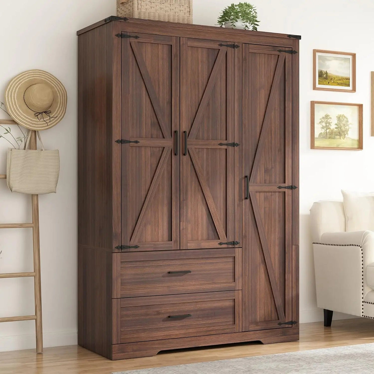 Farmhouse Wardrobe Armoire Closet with 3 Doors and 2 Drawers, 70.1" Wooden Clothing Storage Cabinet, Freestanding Large, Custom The Pet & Home Store