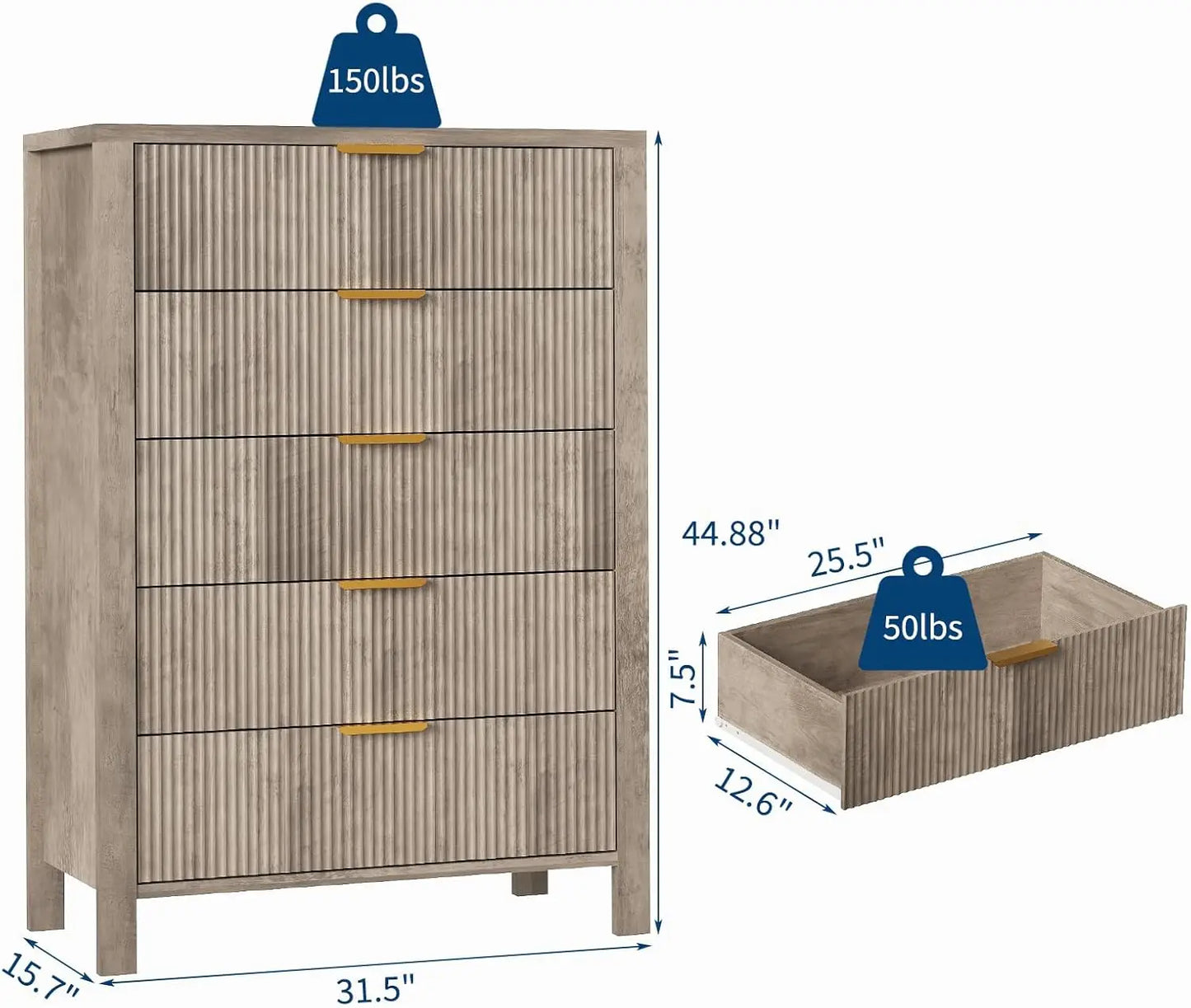 HobbyLane 5 Drawer Oak Dresser With Gold Handles Living Room