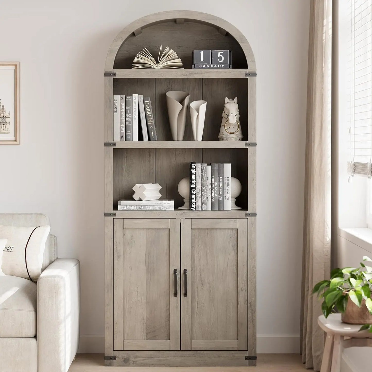HobbyLane Arched Doors Bookcase Farmhouse Wooden Shelf