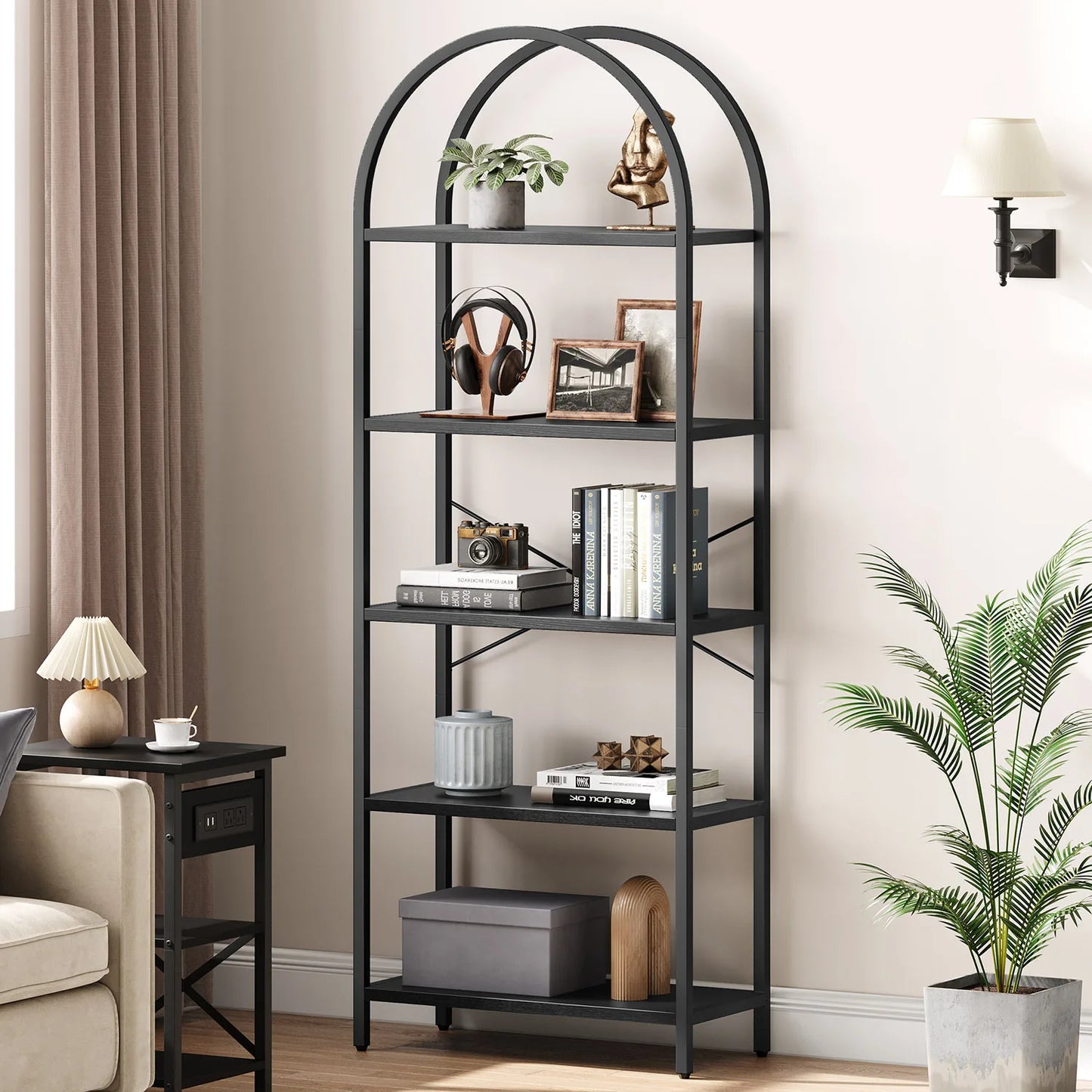 5-Tier Arched Bookshelf, 180cm Tall Industrial Open Bookcase, Freestanding Display Rack Metal Wooden Storage Shelving Units