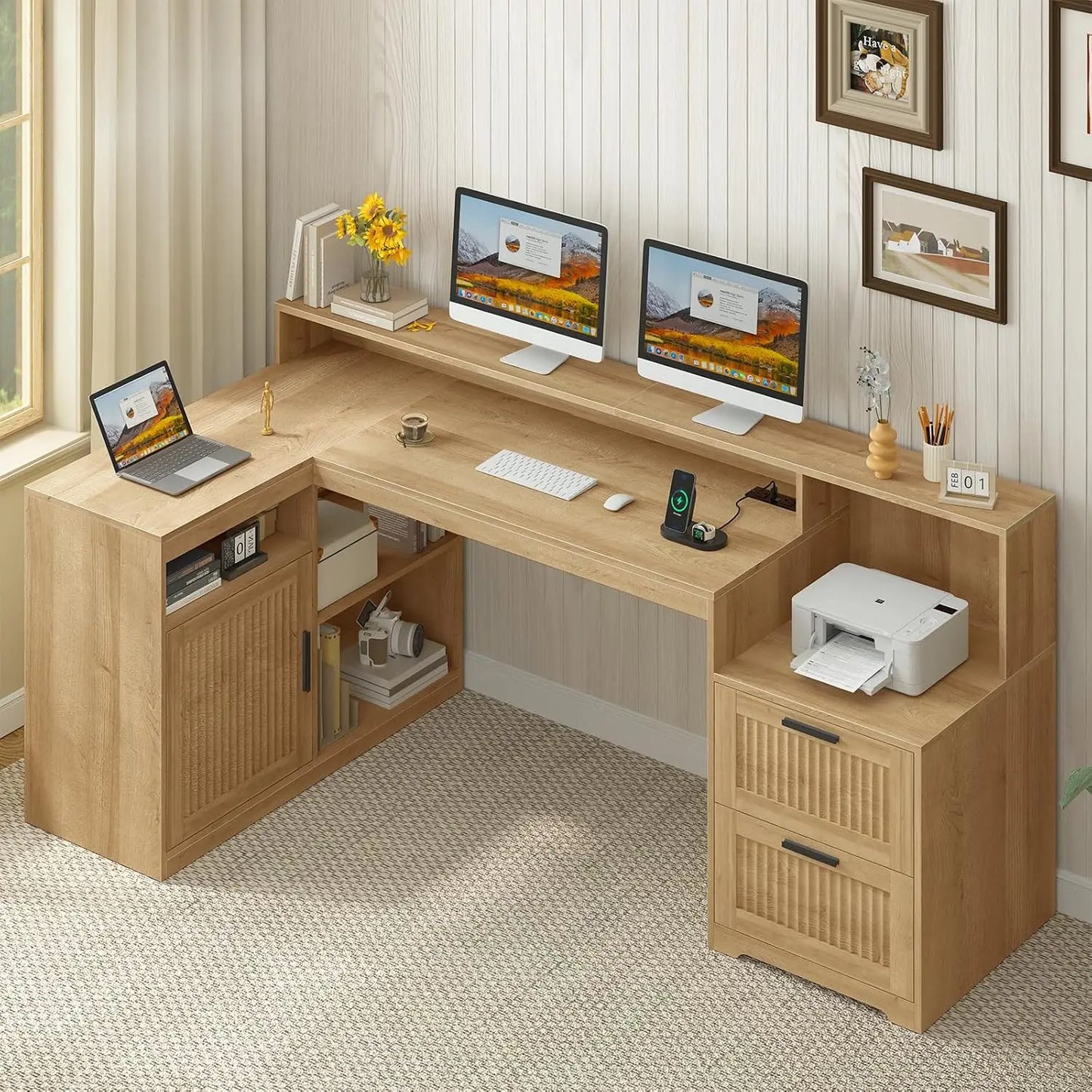 L Shaped Home Office Desk With USB Outlet And Storage