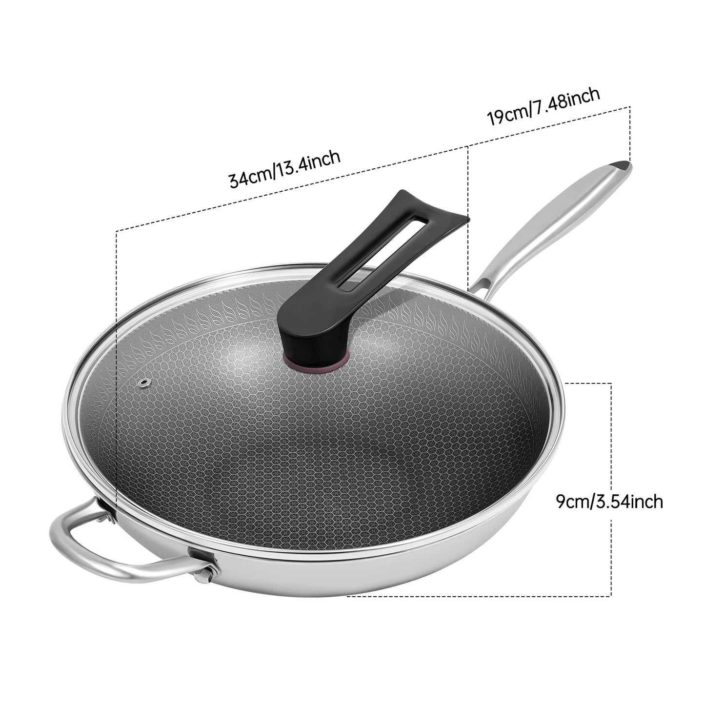 Stainless Steel Skillet, 34cm Wok Pan with Lid, Nonstick Frying Pan for Induction Cooktop Gas Stove