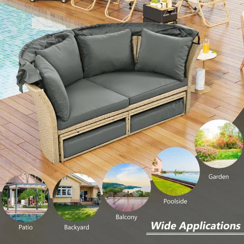 Outdoor terrace sofa bed, wicker rattan double bed, circular sofa furniture set, with retractable ceiling, 4 pillows, gray