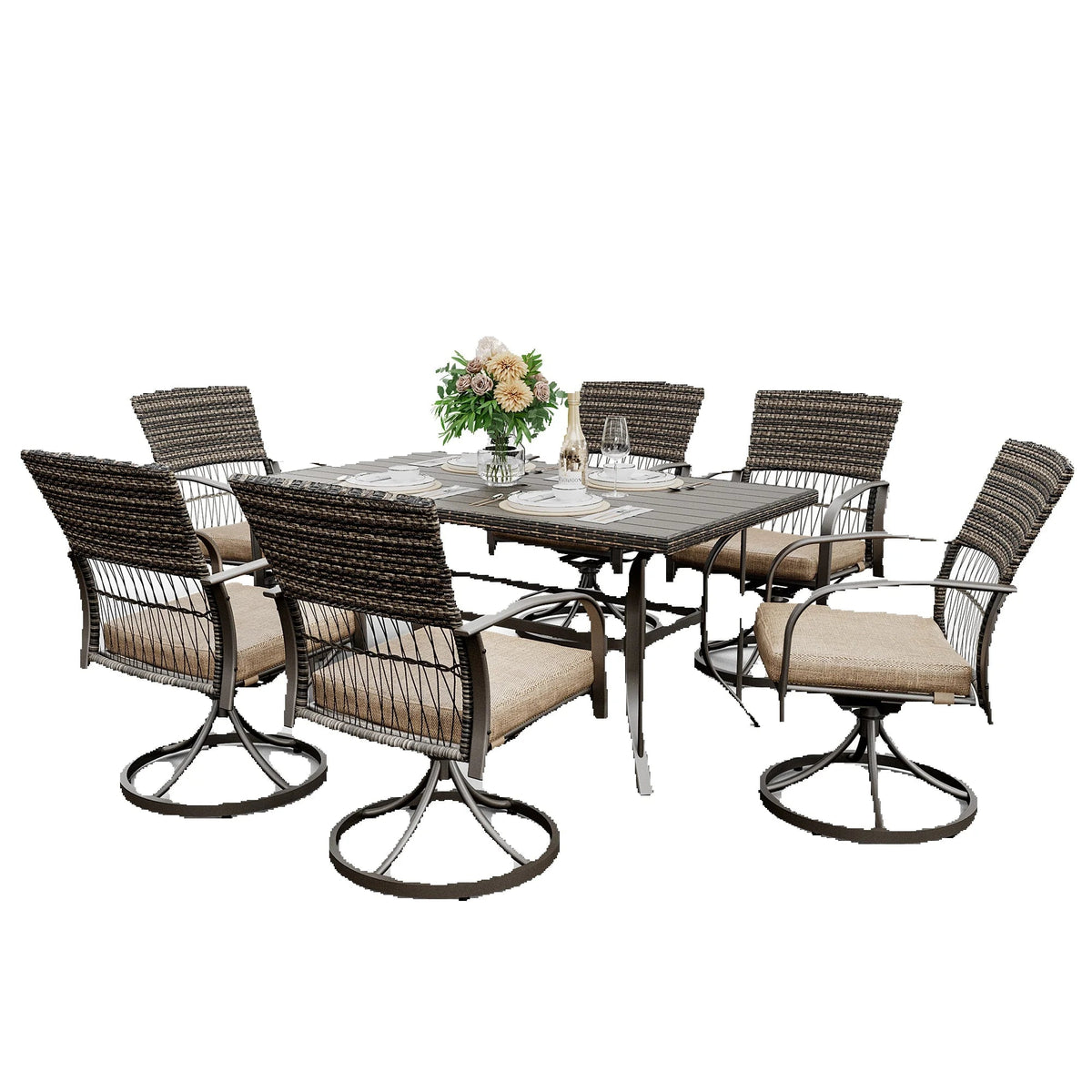7 Piece Patio Dining Set for 6,Wicker Outdoor Furniture Set for Backyard Garden Deck Poolside with Iron Slats Table Top The Pet & Home Store