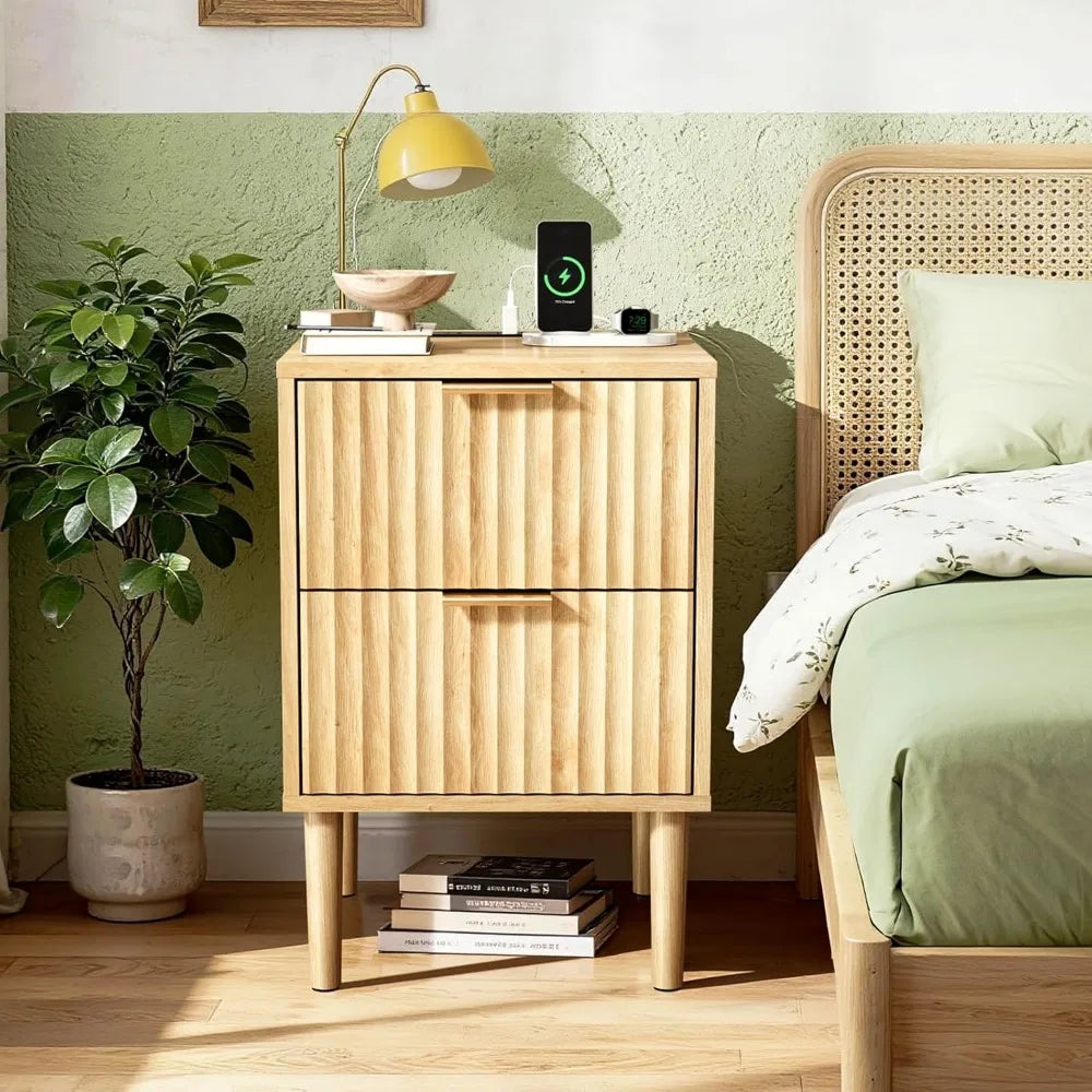 Fluted Nightstands Set Of 2 With Fabric Drawers And Charging Station