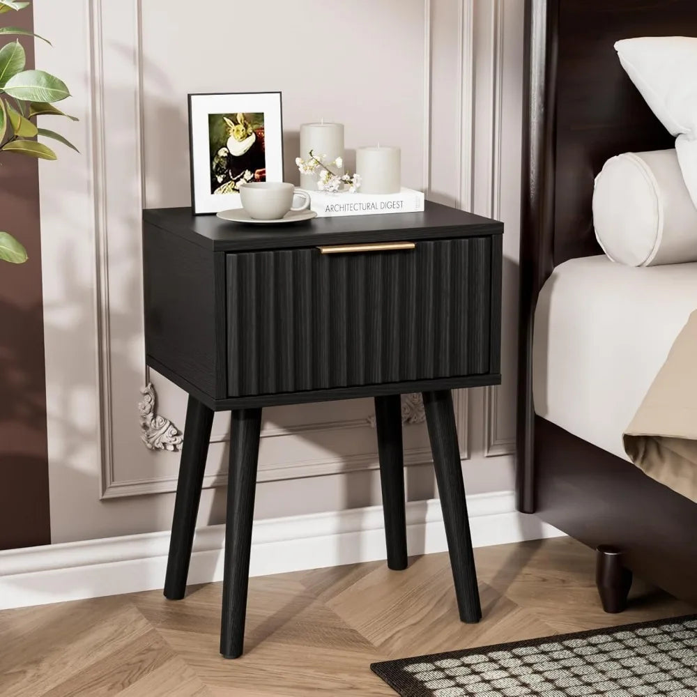 Fluted Nightstands Set Of 2 With Fabric Drawers And Charging Station