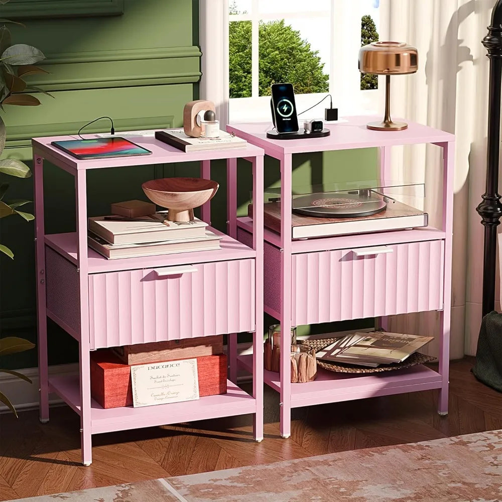 Fluted Nightstands Set Of 2 With Fabric Drawers And Charging Station