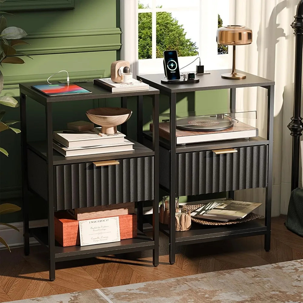 Fluted Nightstands Set Of 2 With Fabric Drawers And Charging Station