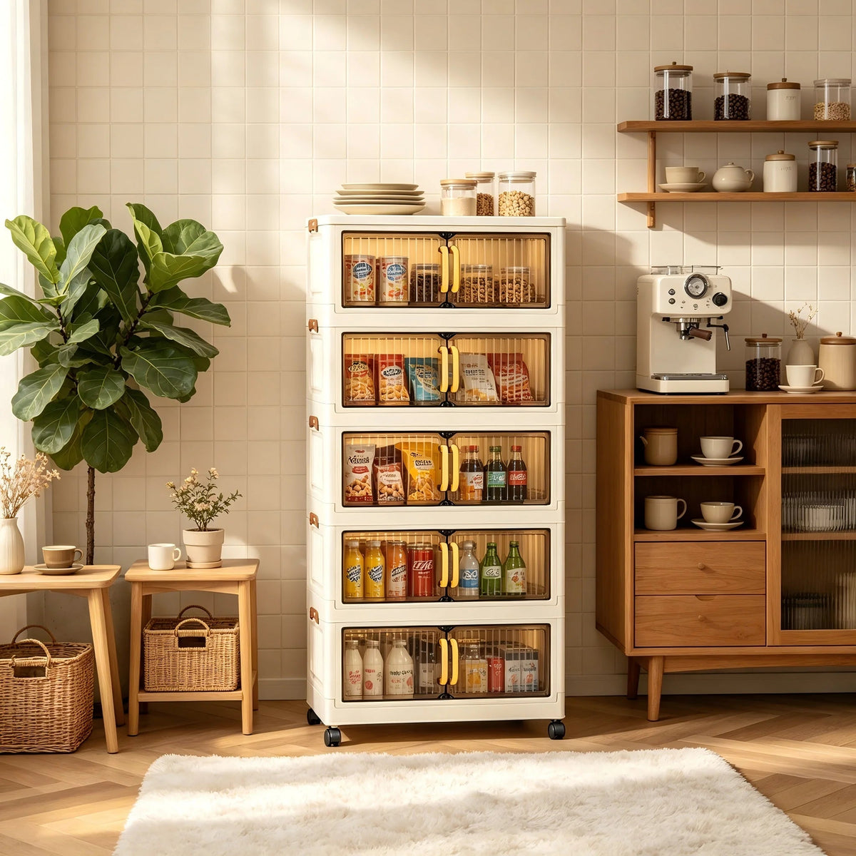 23.62in 3/4/5 Tier Foldable Plastic Storage Cabinet with Wheels, Double Transparent Door Organizer, Large Storage Chest, No Assembly Closet Organizer with Latches for Bedroom Kitchen, Cream White The Pet & Home Store