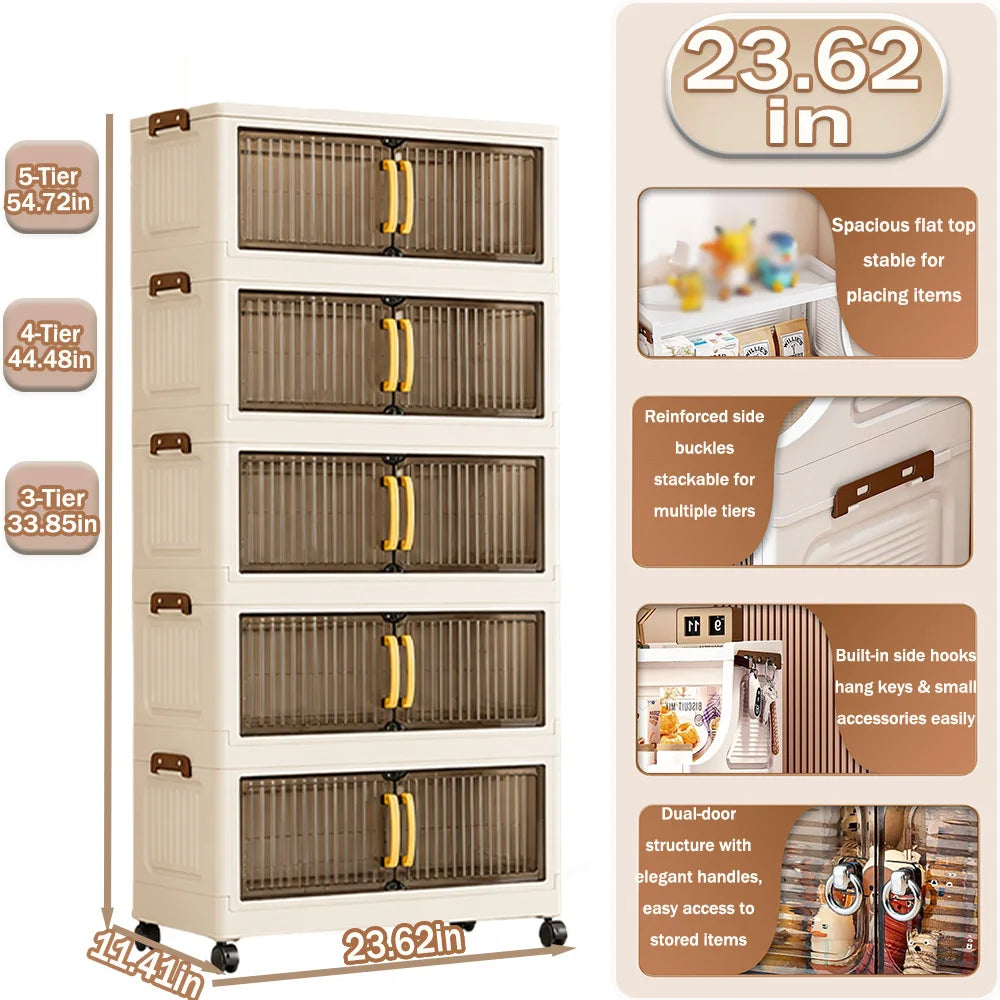 23.62in 3/4/5 Tier Foldable Plastic Storage Cabinet with Wheels, Double Transparent Door Organizer, Large Storage Chest, No Assembly Closet Organizer with Latches for Bedroom Kitchen, Cream White The Pet & Home Store