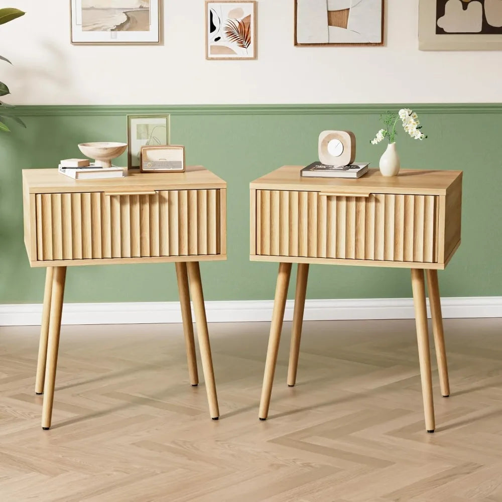 Fluted Nightstands Set Of 2 With Fabric Drawers And Charging Station