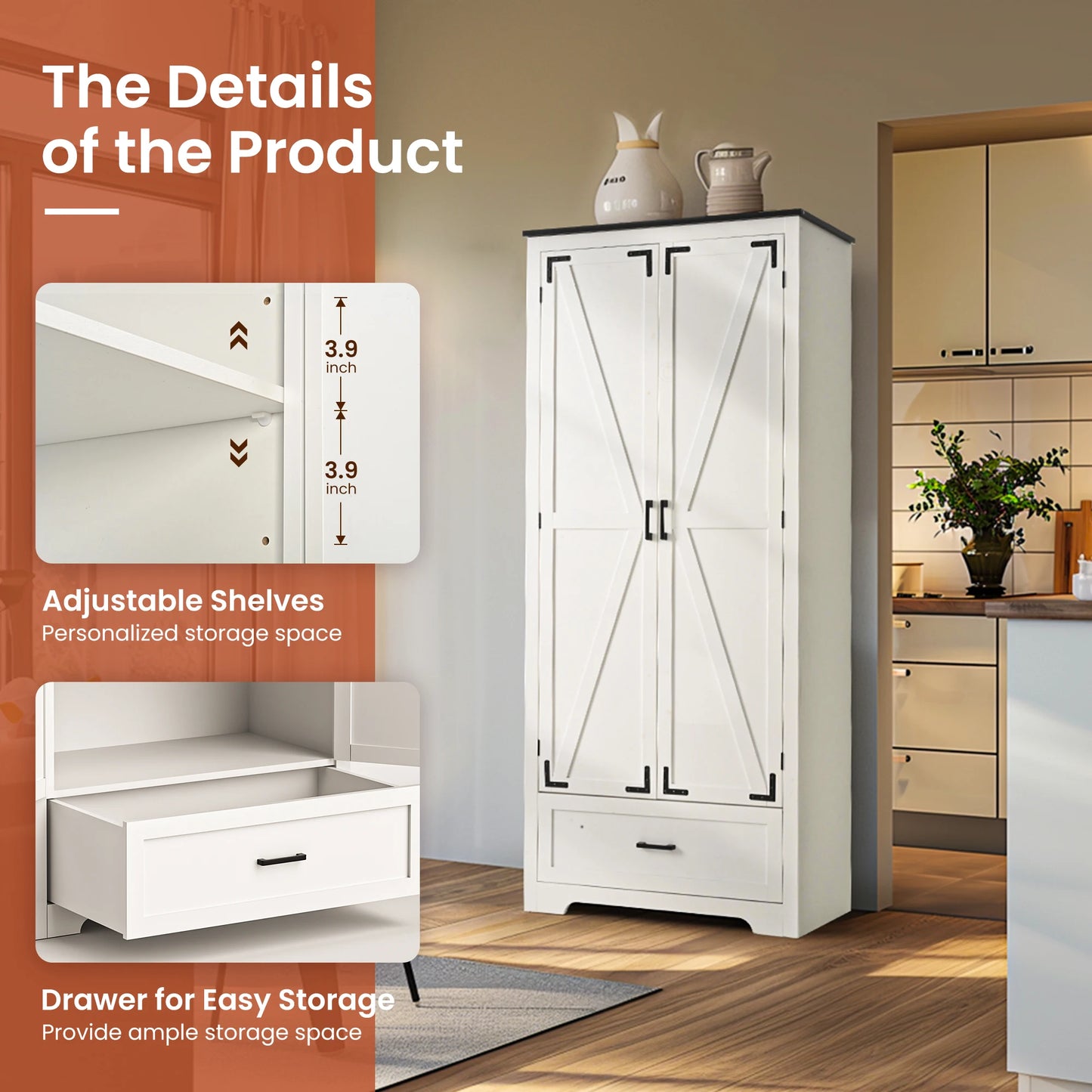 Farmhouse Wooden Kitchen Pantry Cabinet With Drawers And Shelves