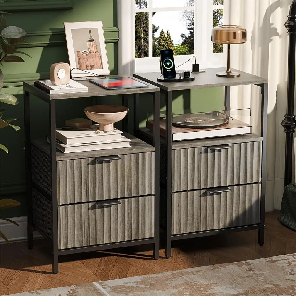 Fluted Nightstands Set Of 2 With Fabric Drawers And Charging Station