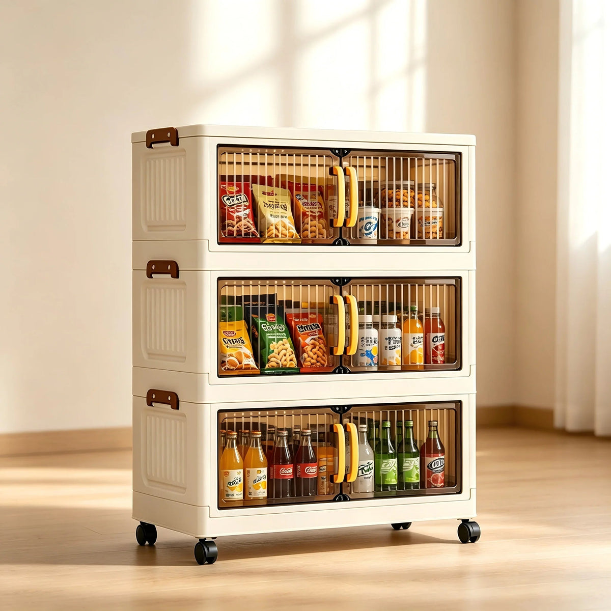 23.62in 3/4/5 Tier Foldable Plastic Storage Cabinet with Wheels, Double Transparent Door Organizer, Large Storage Chest, No Assembly Closet Organizer with Latches for Bedroom Kitchen, Cream White The Pet & Home Store
