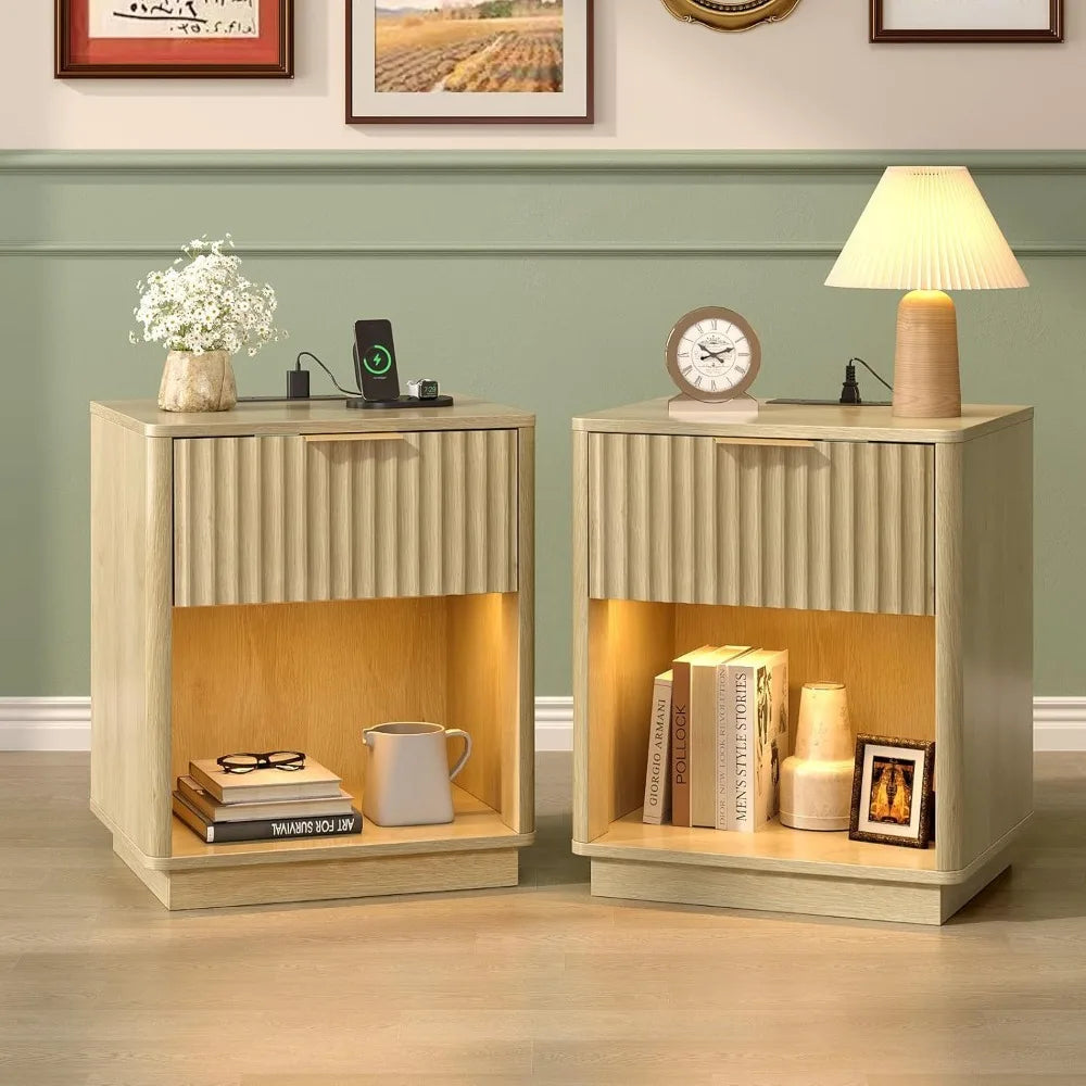 Fluted Nightstands Set Of 2 With Fabric Drawers And Charging Station