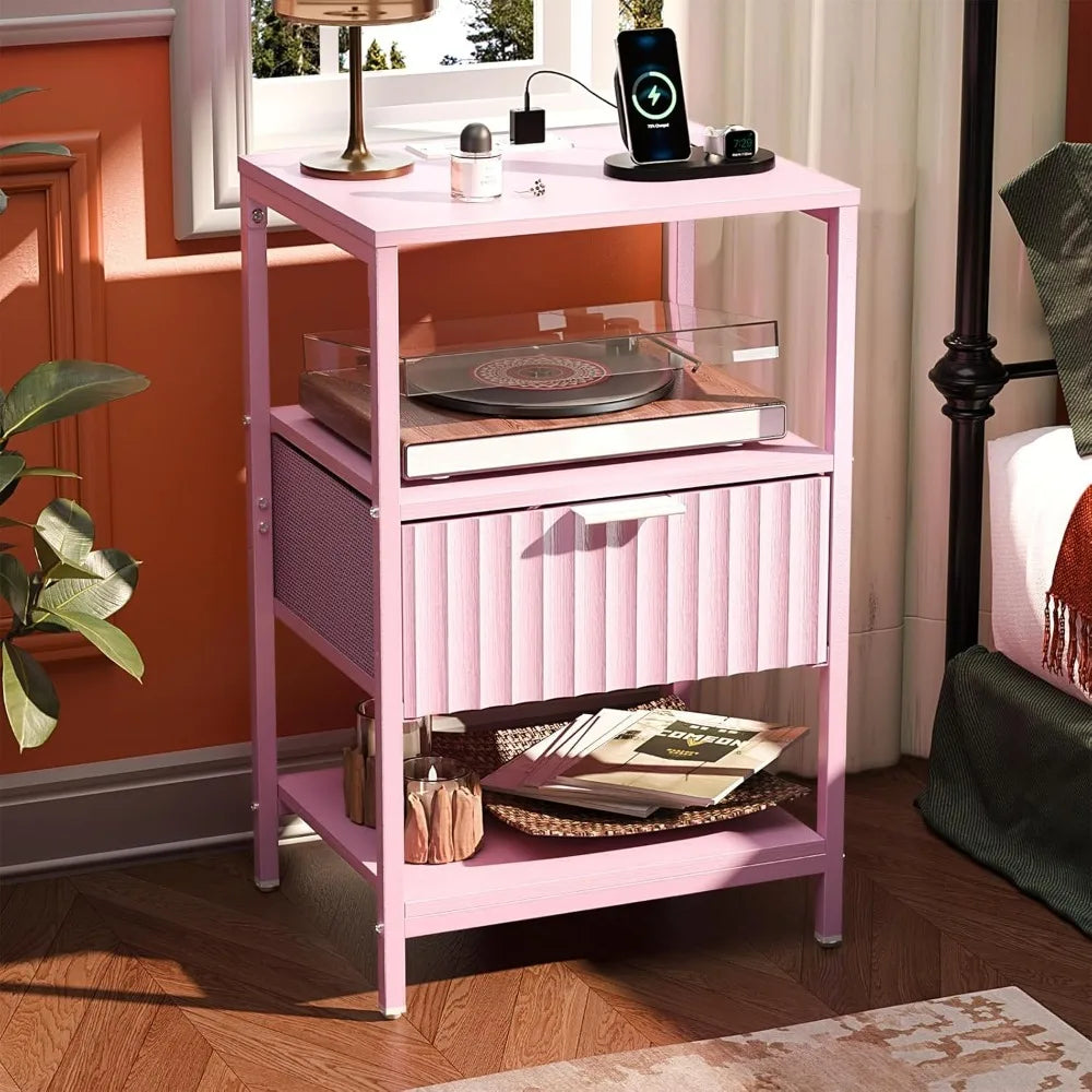 Fluted Nightstands Set Of 2 With Fabric Drawers And Charging Station