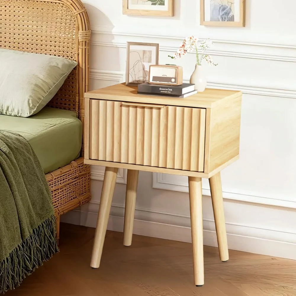 Fluted Nightstands Set Of 2 With Fabric Drawers And Charging Station