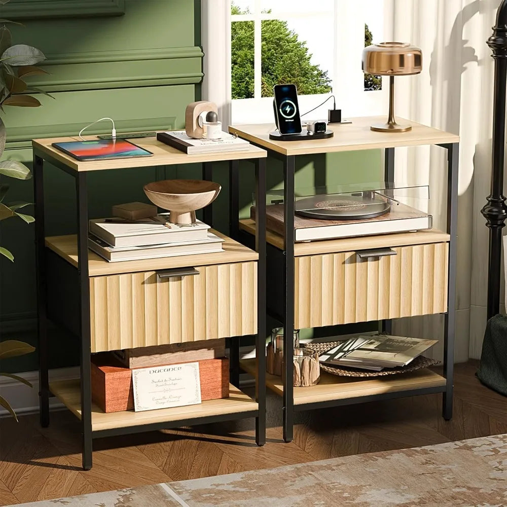 Fluted Nightstands Set Of 2 With Fabric Drawers And Charging Station