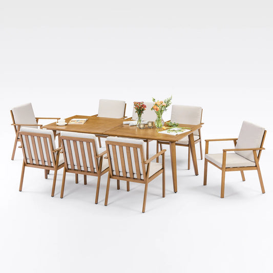 SeeHill 9 Pieces Patio Dining Set for 8, Outdoor Aluminum Dining Patio Table Furniture Set with Umbrella Hole for Poolside, Teak