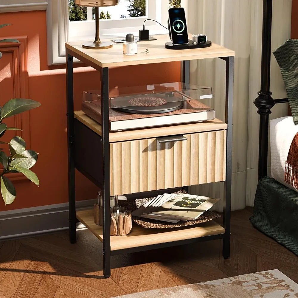 Fluted Nightstands Set Of 2 With Fabric Drawers And Charging Station
