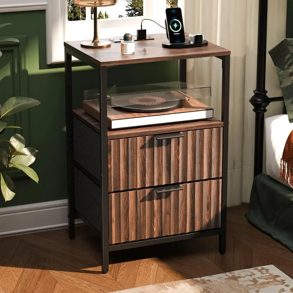 Fluted Nightstands Set Of 2 With Fabric Drawers And Charging Station