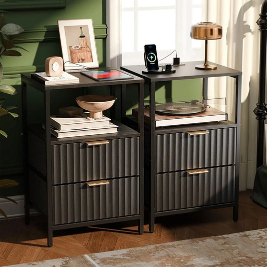 Fluted Nightstands Set Of 2 With Fabric Drawers And Charging Station
