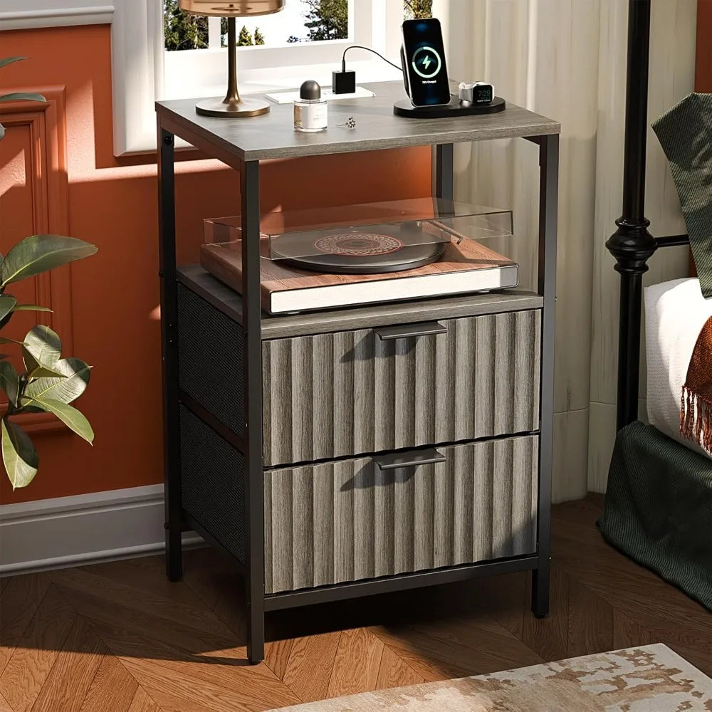 Fluted Nightstands Set Of 2 With Fabric Drawers And Charging Station