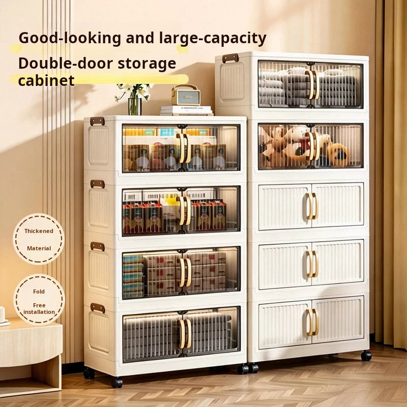 23.62in 3/4/5 Tier Foldable Plastic Storage Cabinet with Wheels, Double Transparent Door Organizer, Large Storage Chest, No Assembly Closet Organizer with Latches for Bedroom Kitchen, Cream White The Pet & Home Store