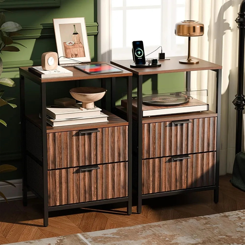 Fluted Nightstands Set Of 2 With Fabric Drawers And Charging Station