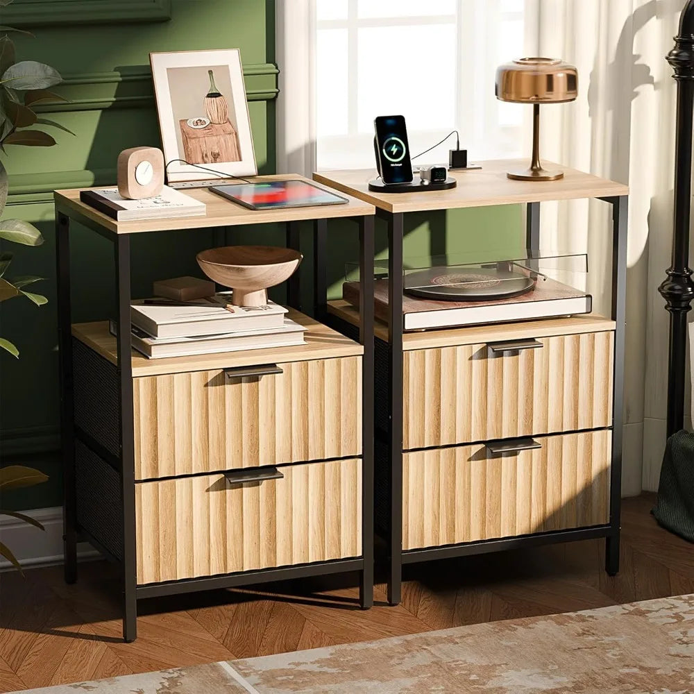 Fluted Nightstands Set Of 2 With Fabric Drawers And Charging Station