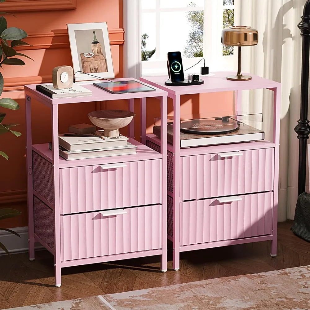 Fluted Nightstands Set Of 2 With Fabric Drawers And Charging Station