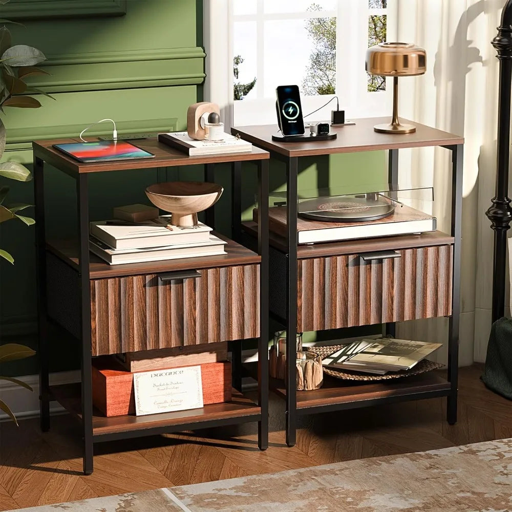 Fluted Nightstands Set Of 2 With Fabric Drawers And Charging Station