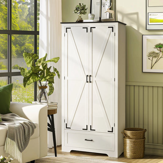 Farmhouse Wooden Kitchen Pantry Cabinet With Drawers And Shelves