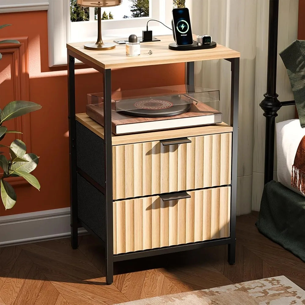 Fluted Nightstands Set Of 2 With Fabric Drawers And Charging Station
