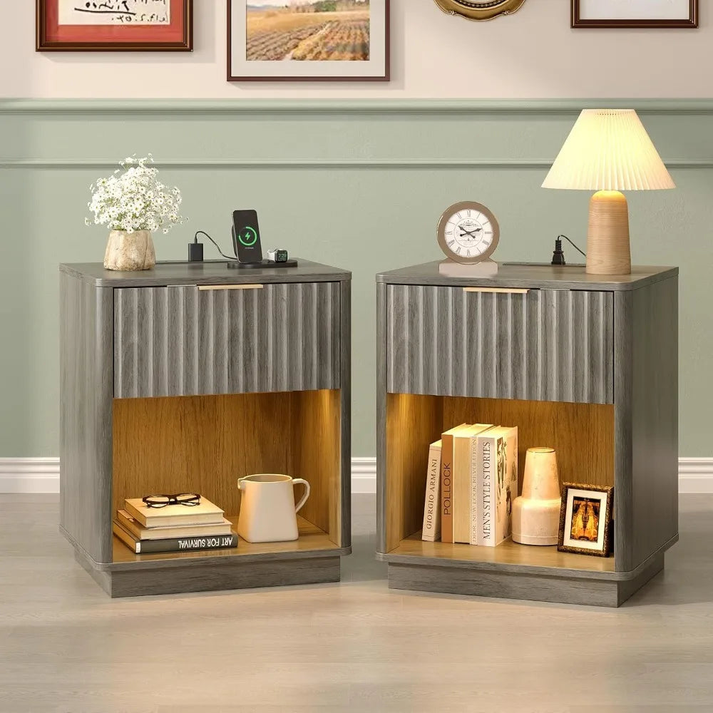 Fluted Nightstands Set Of 2 With Fabric Drawers And Charging Station