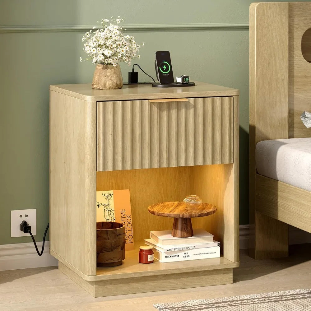 Fluted Nightstands Set Of 2 With Fabric Drawers And Charging Station